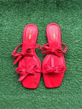 Fashion Nova Red Bow Flat Sandals Square Toe Ankle Strap Women's US 10